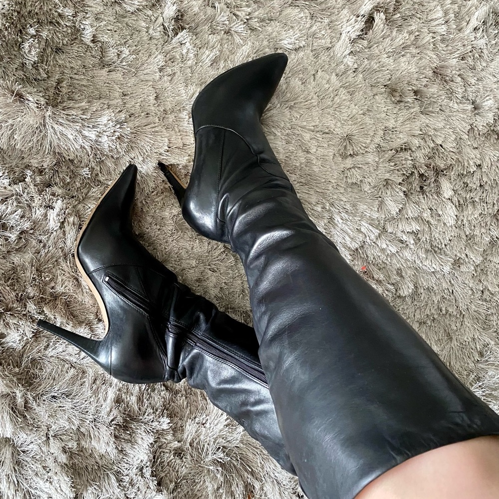 Via Spiga Black Leather Pointed Toe Block-Heel Boots knee high boots 6
